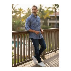 CHAPS Men's Blue Palm Tree Hawiian Long Sleeve  Button-Down Shirt Size XXL